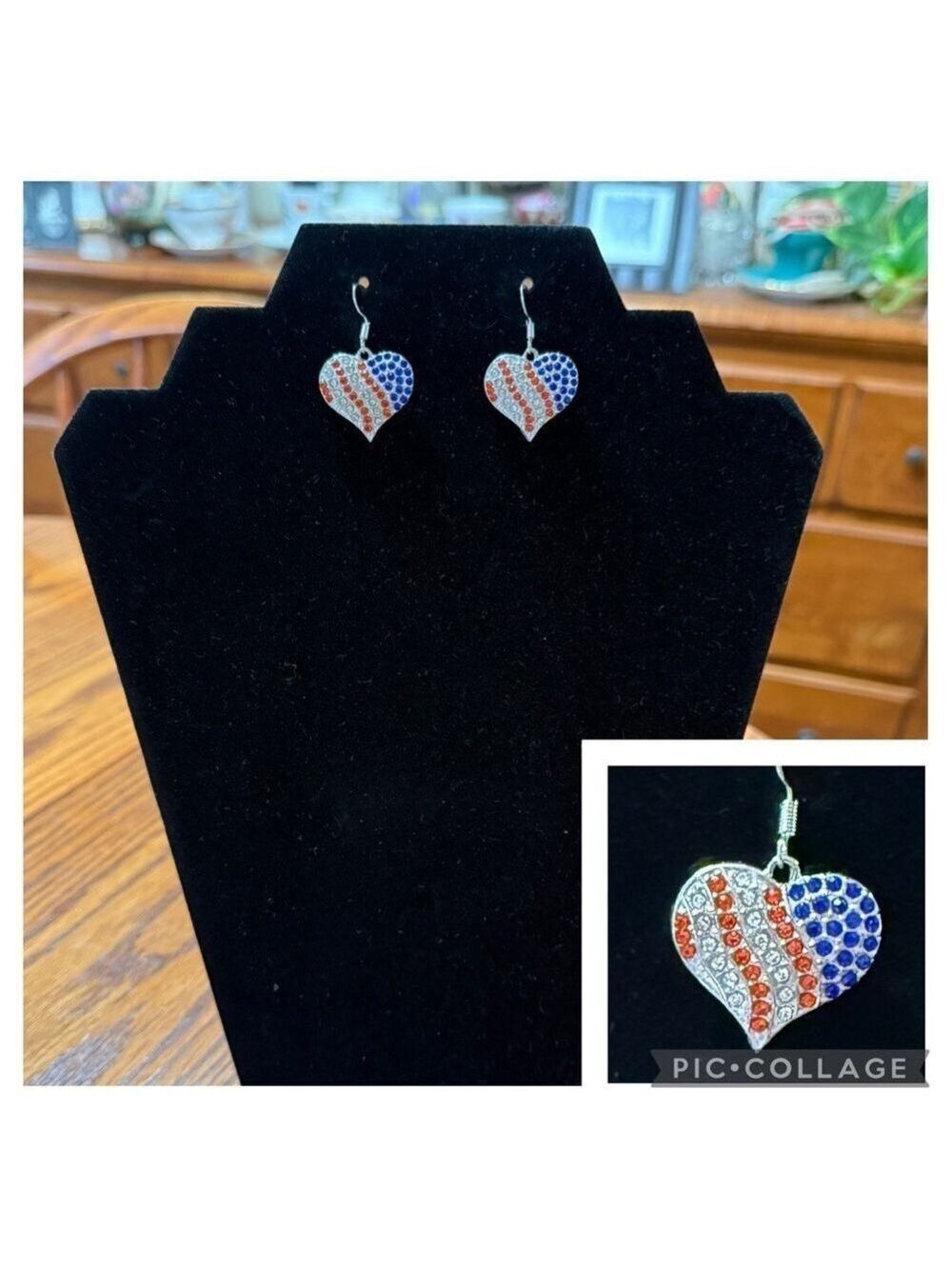 Patriotic Heart Dangle Earrings Red White Blue Rhinestones